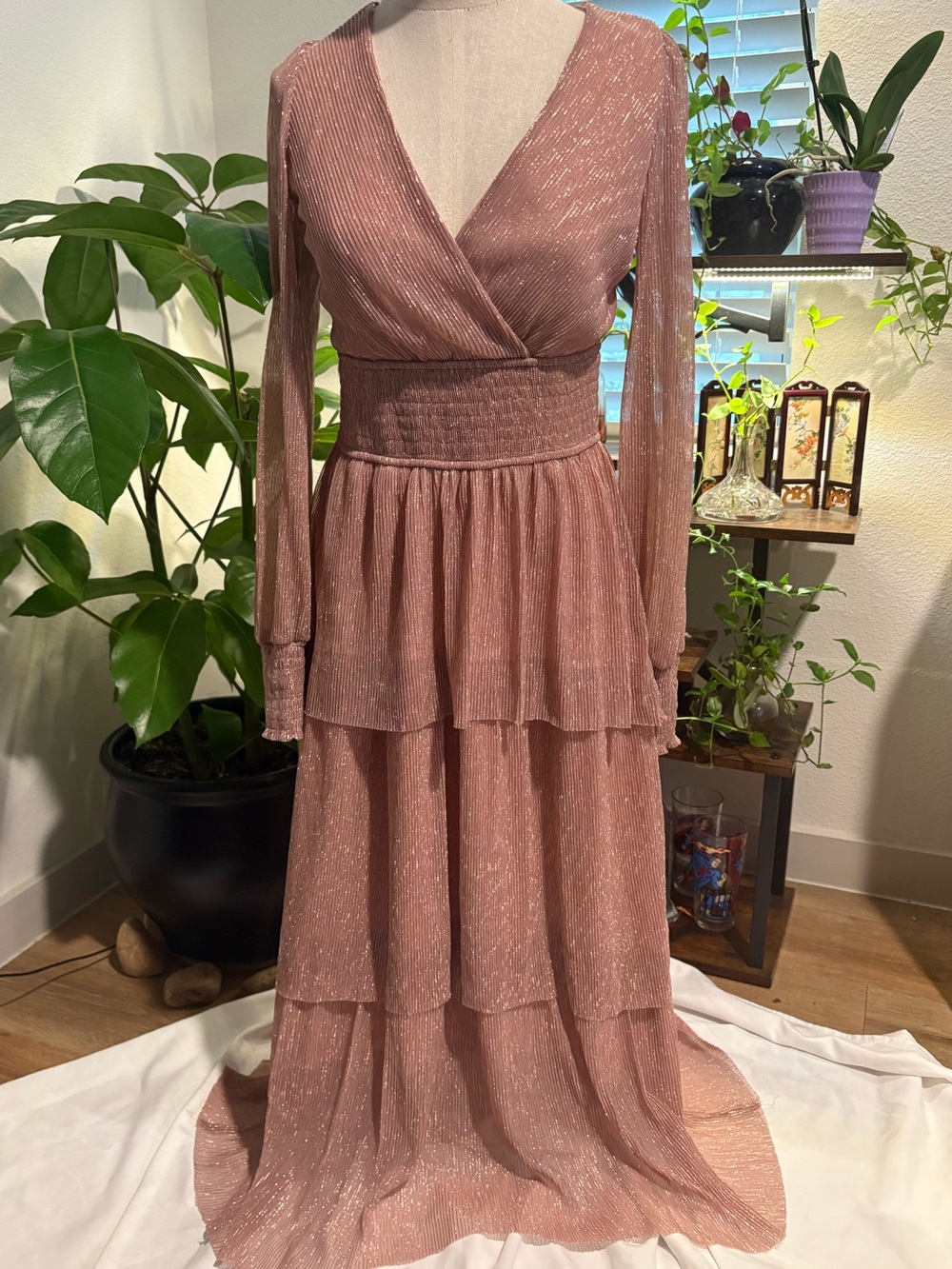 Shimmering Blush Rose Midi Dress with Champagne Metallic Shimmer Smocked Waist